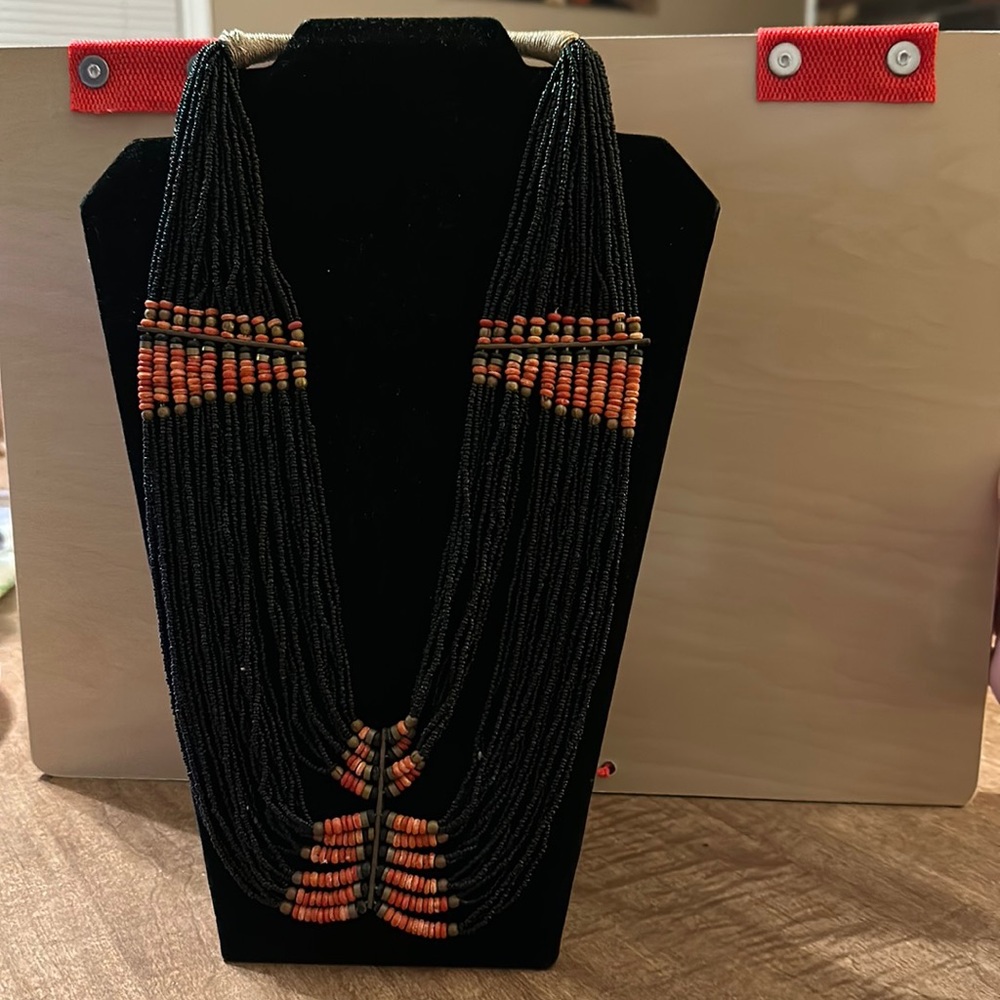 Vintage Multi Strand Black Seed Bead/Coral Long Necklace